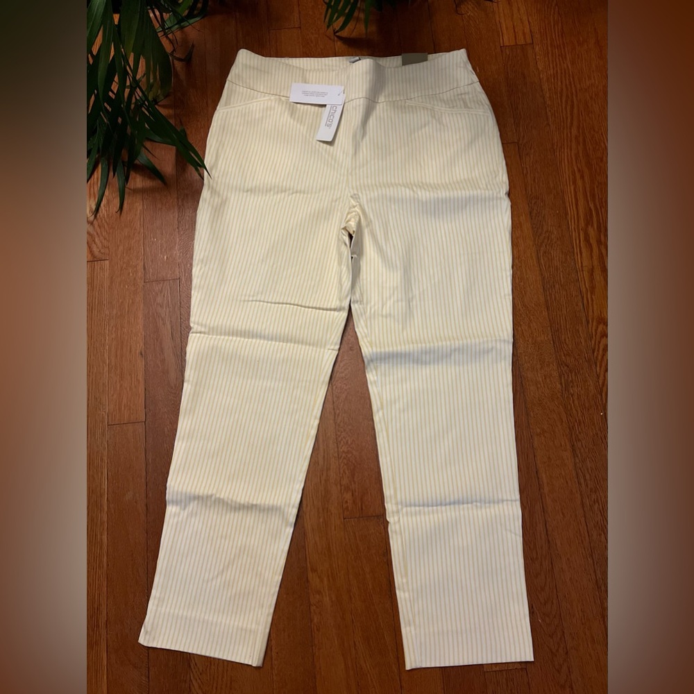 Chicos NWT Size 1.5 Imperial Stripe Josie Slim Ankle Pants Yellow Cream.